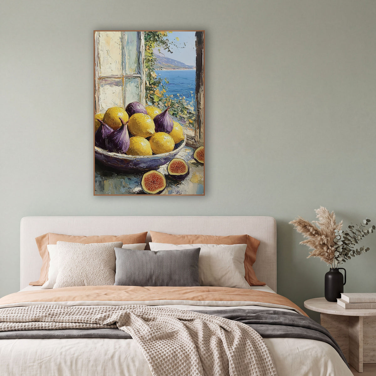 Figs and Lemons Coastal Still Life wall art in a bright coastal-style room – bowl of purple figs and yellow lemons