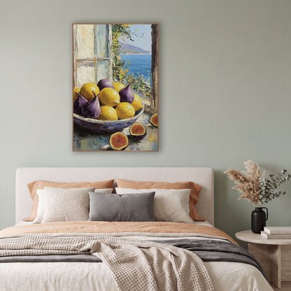 Figs and Lemons Coastal Still Life wall art in a bright coastal-style room – bowl of purple figs and yellow lemons