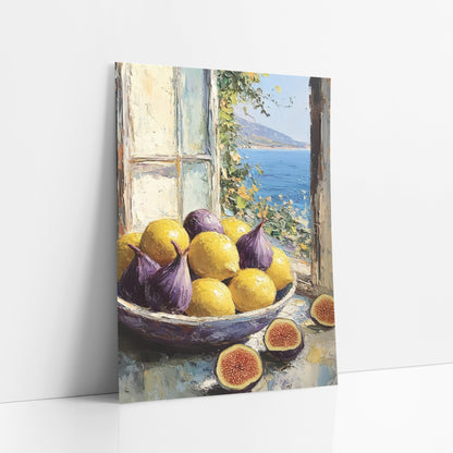 Figs and Lemons Coastal Still Life art print leaning against a white wall – bowl of purple figs and yellow lemons with halved