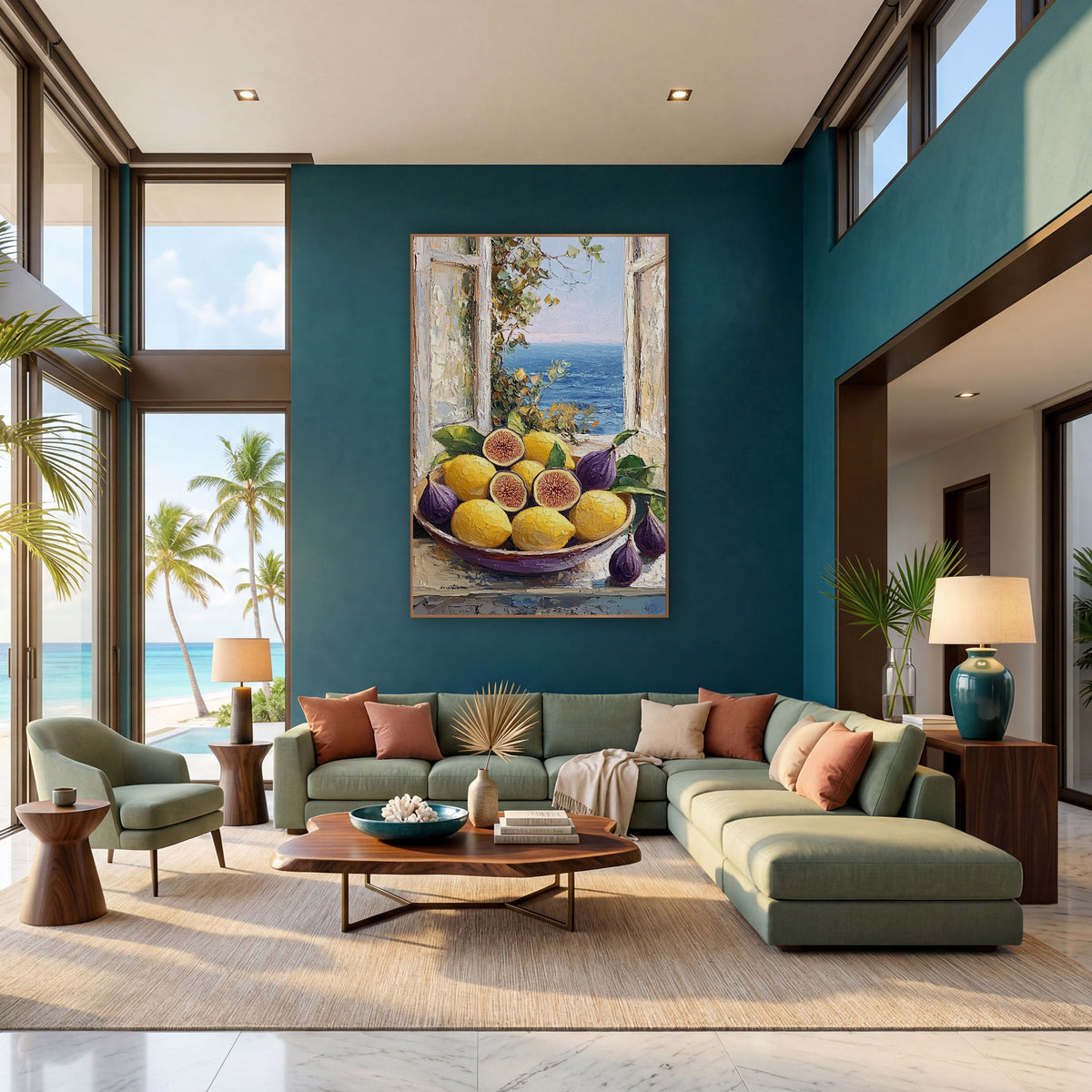Figs and Lemons Seaside Still Life wall art in a bright coastal-style room – bowl of yellow lemons and purple figs