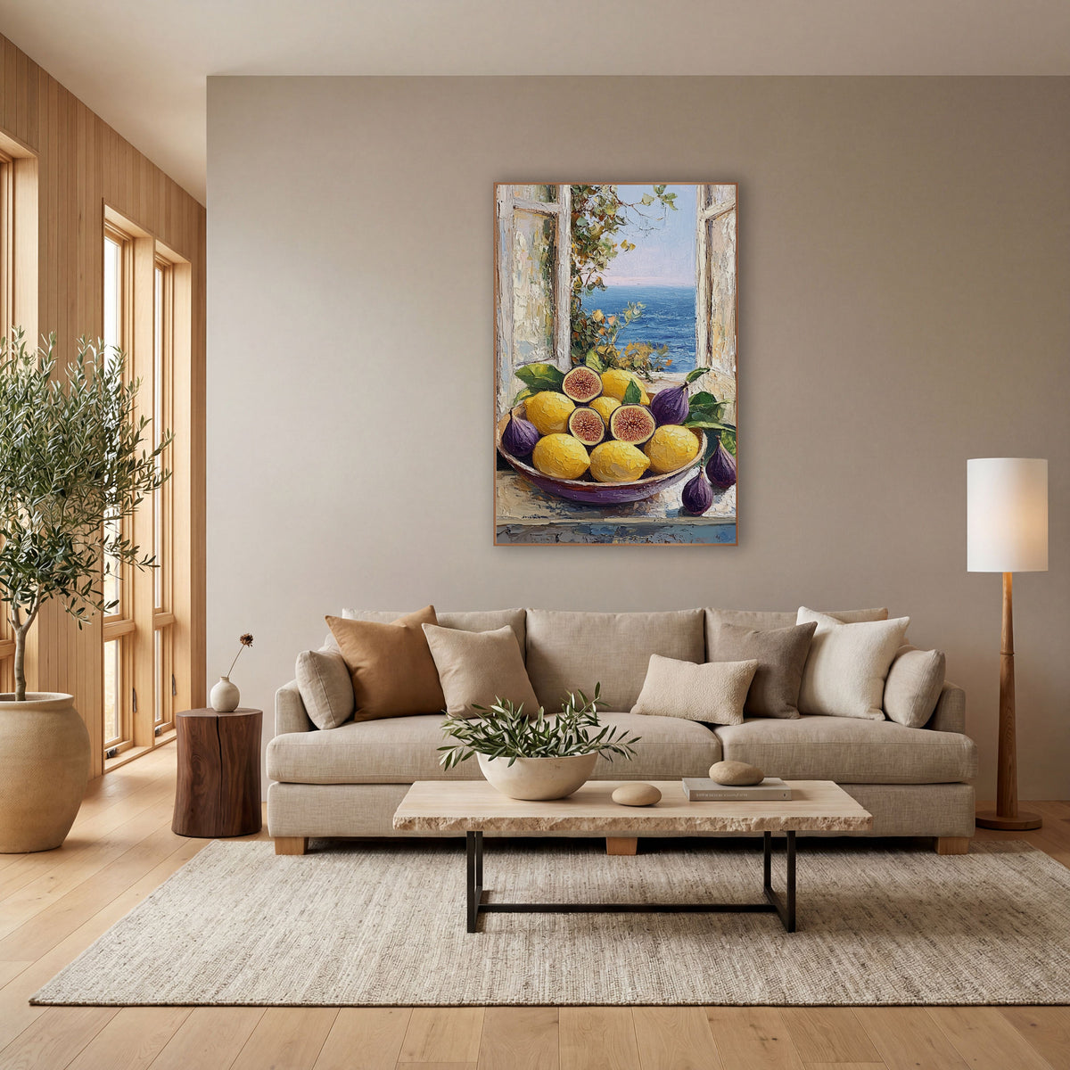 Figs and Lemons Seaside Still Life wall art in a bright coastal-style room – bowl of yellow lemons and purple figs