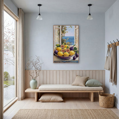 Figs and Lemons Seaside Still Life wall art in a bright coastal-style room – bowl of yellow lemons and purple figs