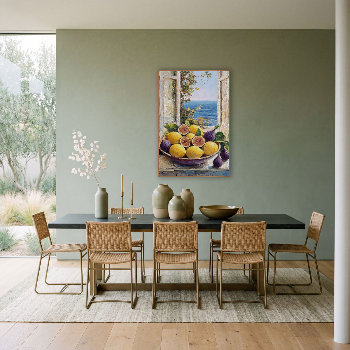 Figs and Lemons Seaside Still Life wall art in a bright coastal-style room – bowl of yellow lemons and purple figs