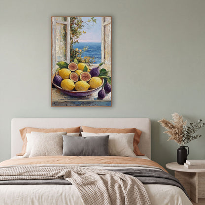Figs and Lemons Seaside Still Life wall art in a bright coastal-style room – bowl of yellow lemons and purple figs