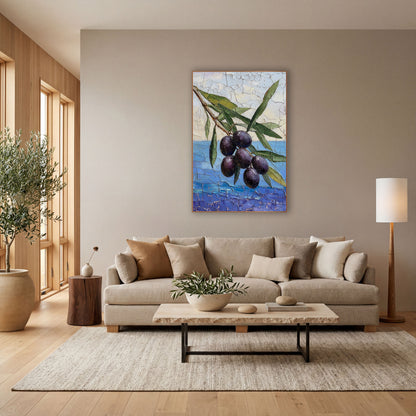 Dark Olive Branch Coastal Still Life wall art in a bright coastal-style room – olive branch with six dark purple