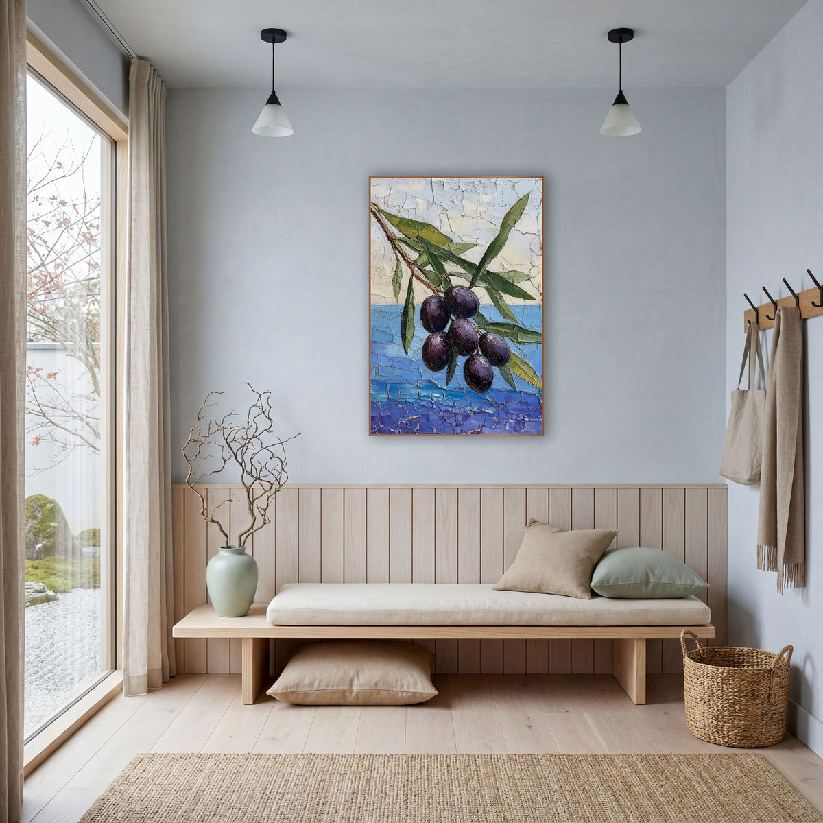 Dark Olive Branch Coastal Still Life wall art in a bright coastal-style room – olive branch with six dark purple