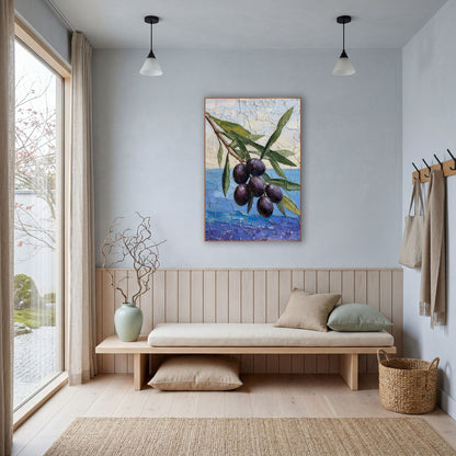 Dark Olive Branch Coastal Still Life wall art in a bright coastal-style room – olive branch with six dark purple