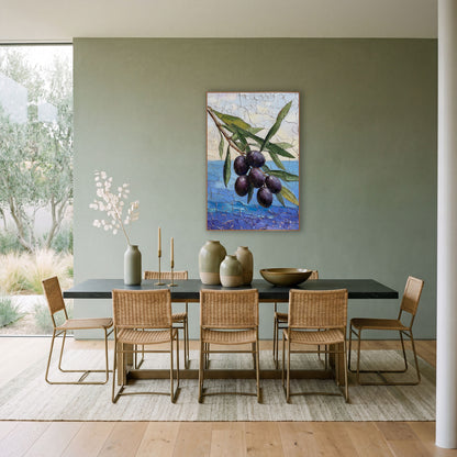 Dark Olive Branch Coastal Still Life wall art in a bright coastal-style room – olive branch with six dark purple