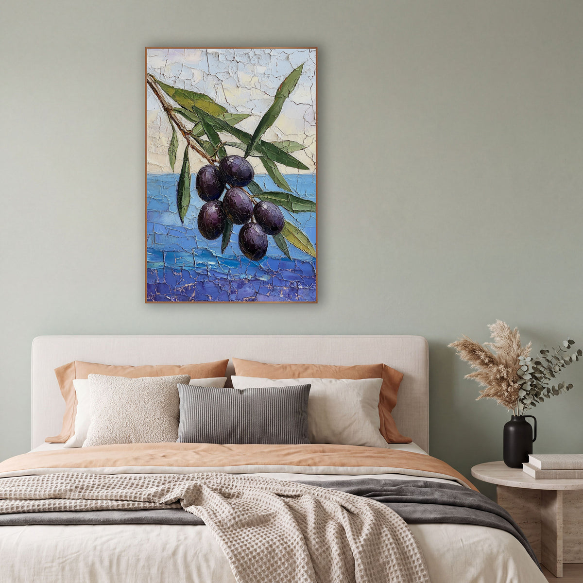 Dark Olive Branch Coastal Still Life wall art in a bright coastal-style room – olive branch with six dark purple