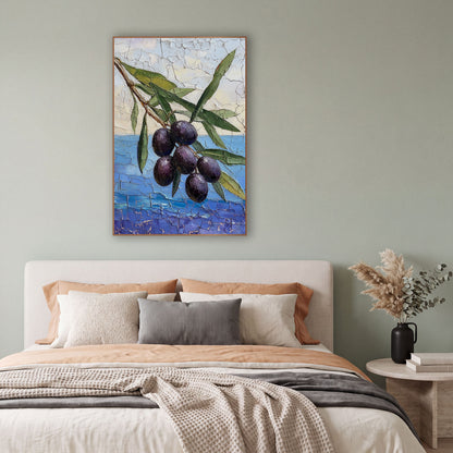 Dark Olive Branch Coastal Still Life wall art in a bright coastal-style room – olive branch with six dark purple