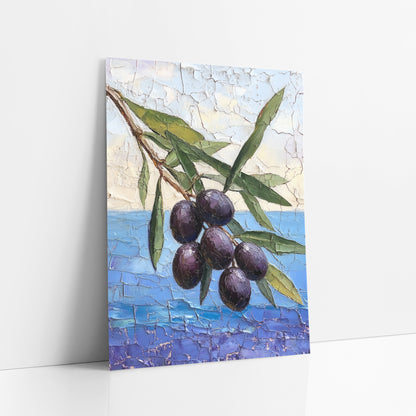 Dark Olive Branch Coastal Still Life art print leaning against a white wall – olive branch with six dark purple olives