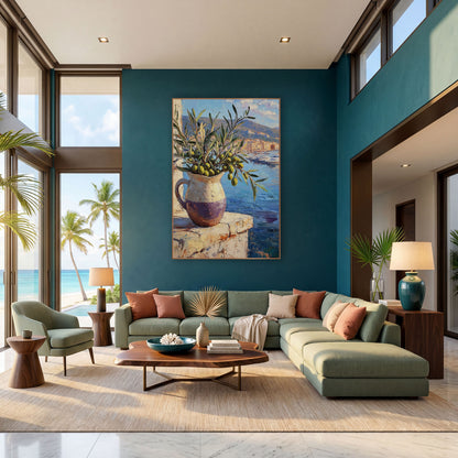 Olive Branch Harbor View Coastal wall art in a bright coastal-style room – olive branches in a cream and purple