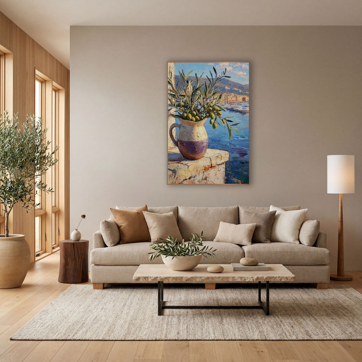 Olive Branch Harbor View Coastal wall art in a bright coastal-style room – olive branches in a cream and purple