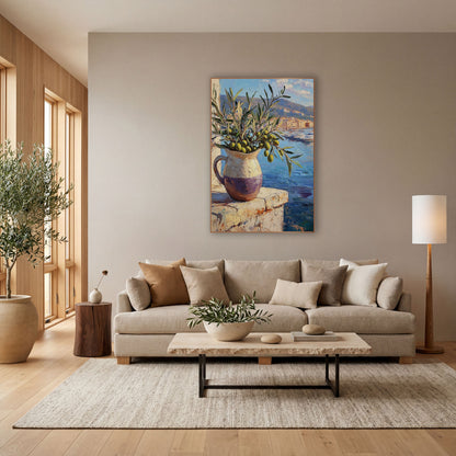 Olive Branch Harbor View Coastal wall art in a bright coastal-style room – olive branches in a cream and purple