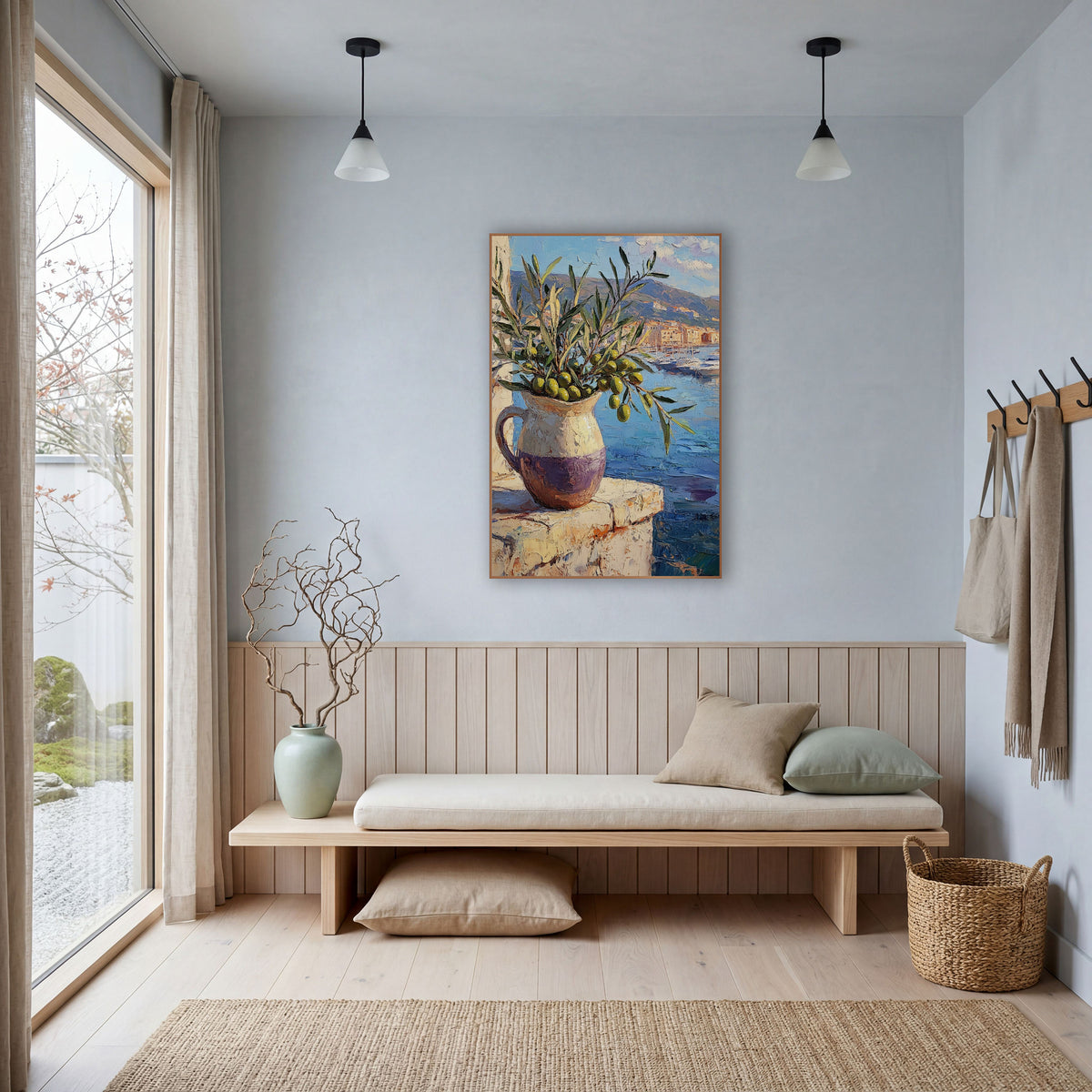 Olive Branch Harbor View Coastal wall art in a bright coastal-style room – olive branches in a cream and purple