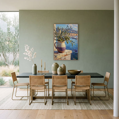 Olive Branch Harbor View Coastal wall art in a bright coastal-style room – olive branches in a cream and purple