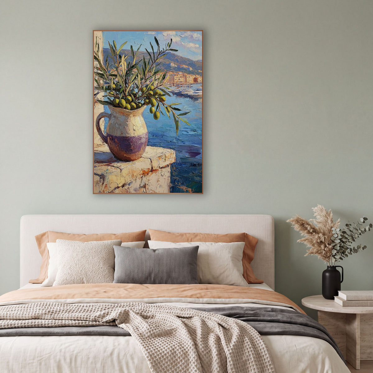 Olive Branch Harbor View Coastal wall art in a bright coastal-style room – olive branches in a cream and purple