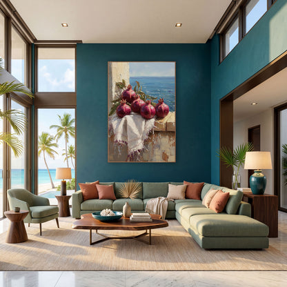 Pomegranate Row Windowsill Coastal wall art in a bright coastal-style room – four deep red pomegranates with green