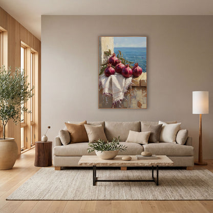 Pomegranate Row Windowsill Coastal wall art in a bright coastal-style room – four deep red pomegranates with green