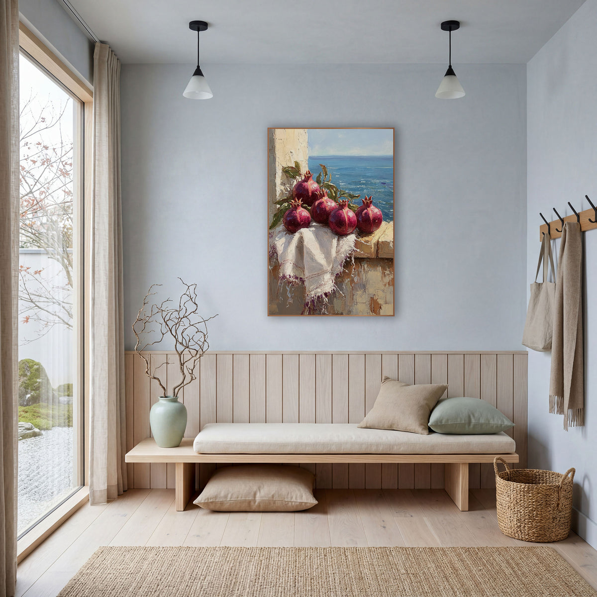 Pomegranate Row Windowsill Coastal wall art in a bright coastal-style room – four deep red pomegranates with green