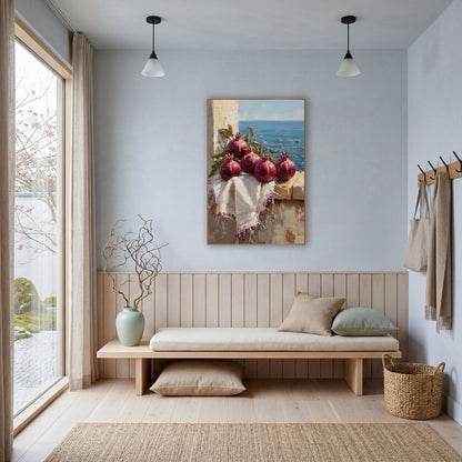 Pomegranate Row Windowsill Coastal wall art in a bright coastal-style room – four deep red pomegranates with green