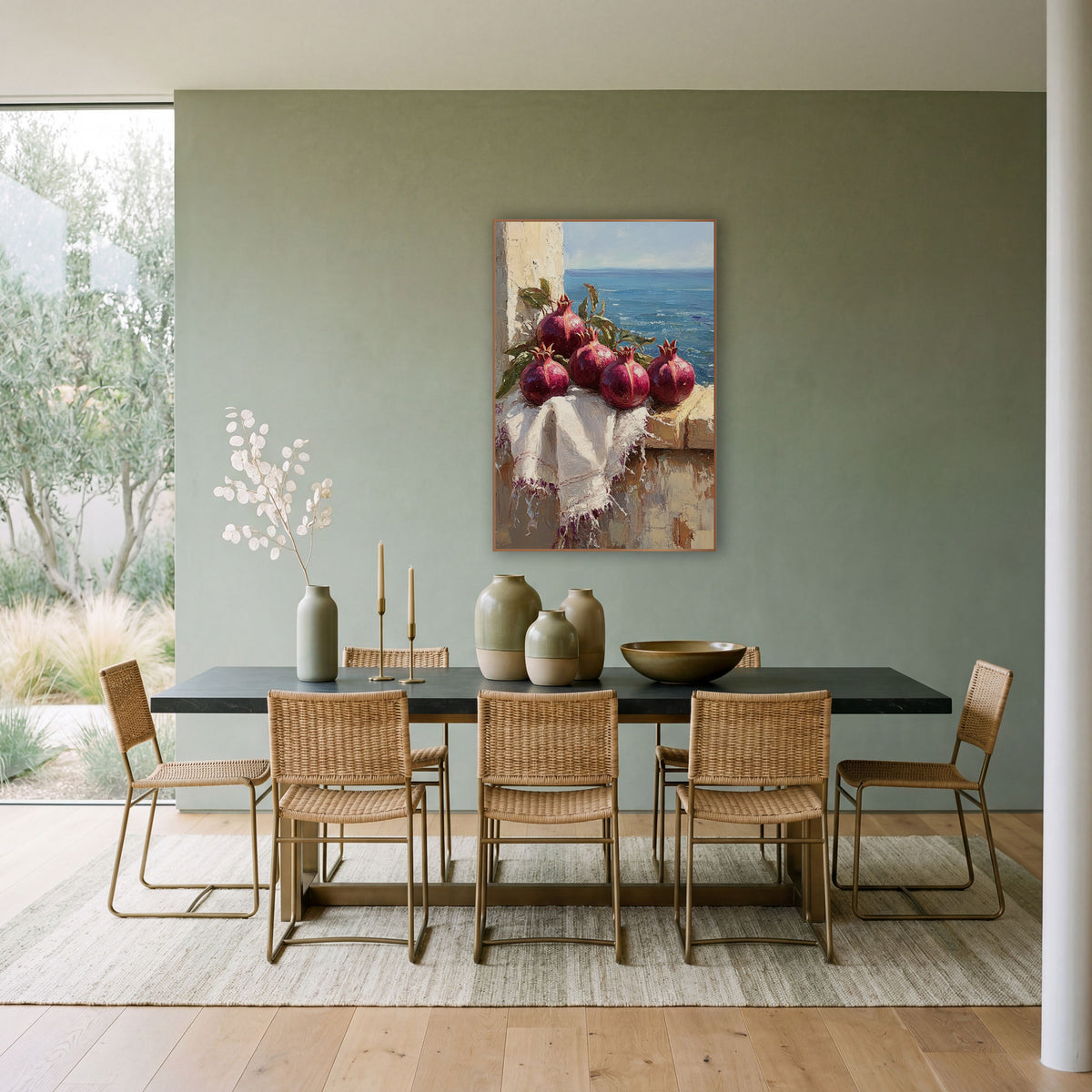 Pomegranate Row Windowsill Coastal wall art in a bright coastal-style room – four deep red pomegranates with green