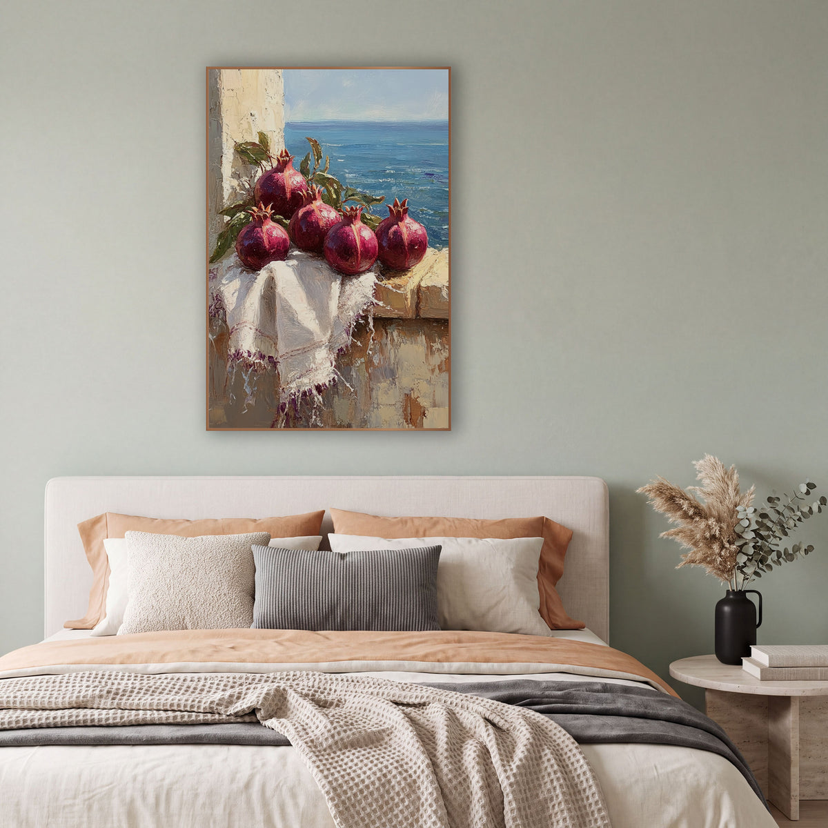 Pomegranate Row Windowsill Coastal wall art in a bright coastal-style room – four deep red pomegranates with green