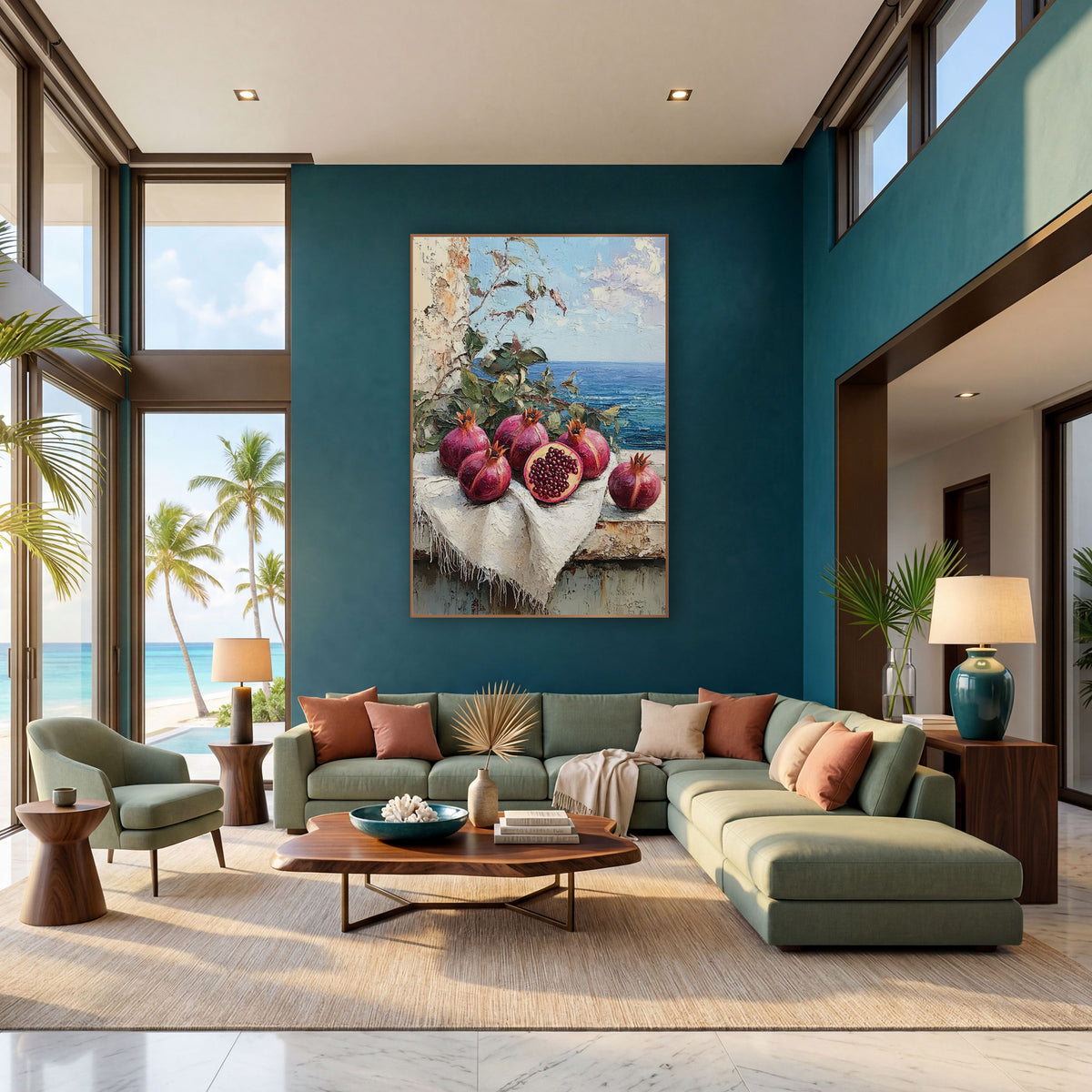 Halved Pomegranate Terrace Coastal wall art in a bright coastal-style room – still life of pomegranates, one cut open