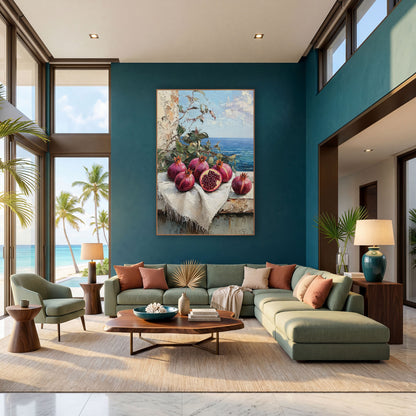 Halved Pomegranate Terrace Coastal wall art in a bright coastal-style room – still life of pomegranates, one cut open