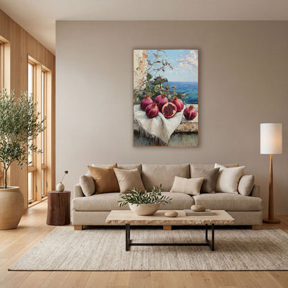 Halved Pomegranate Terrace Coastal wall art in a bright coastal-style room – still life of pomegranates, one cut open