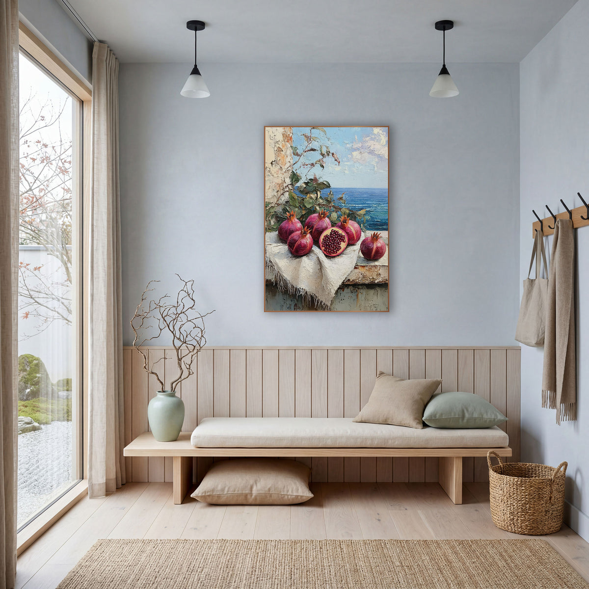 Halved Pomegranate Terrace Coastal wall art in a bright coastal-style room – still life of pomegranates, one cut open