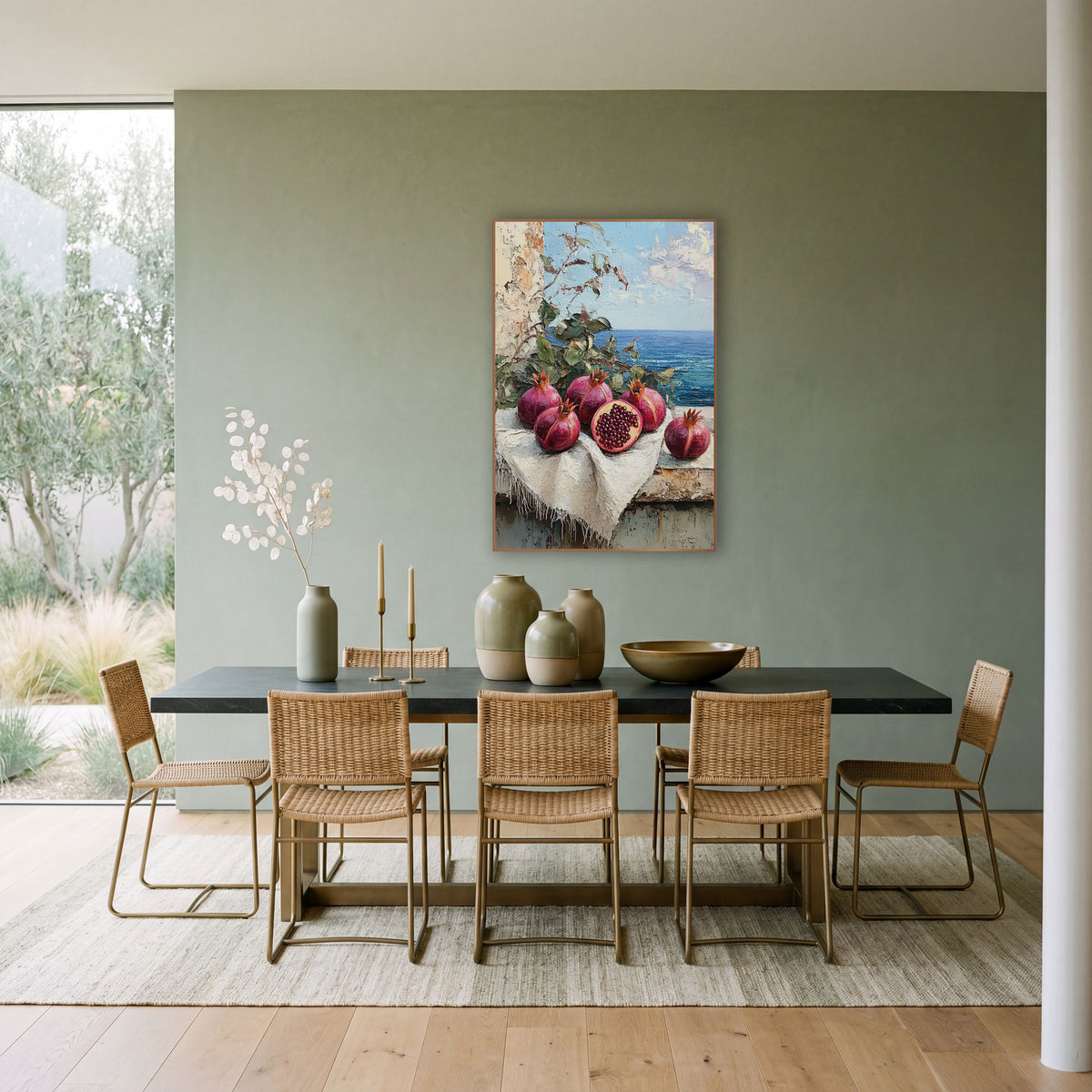 Halved Pomegranate Terrace Coastal wall art in a bright coastal-style room – still life of pomegranates, one cut open