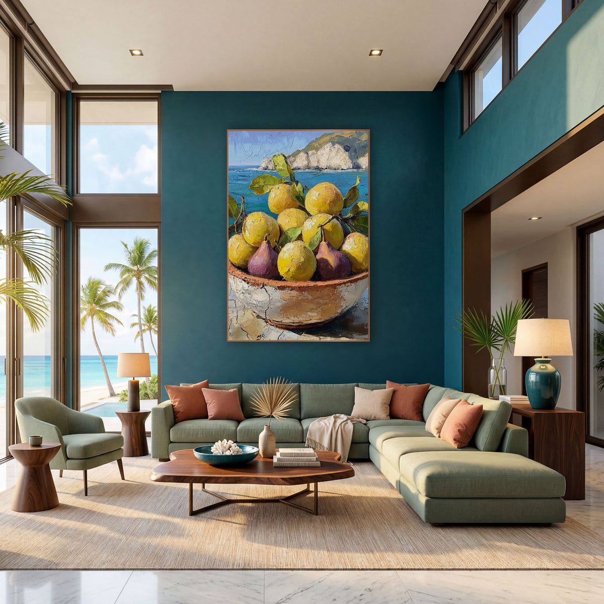 Golden Lemons and Purple Figs Coastal wall art in a bright coastal-style room – bowl of yellow lemons and purple figs