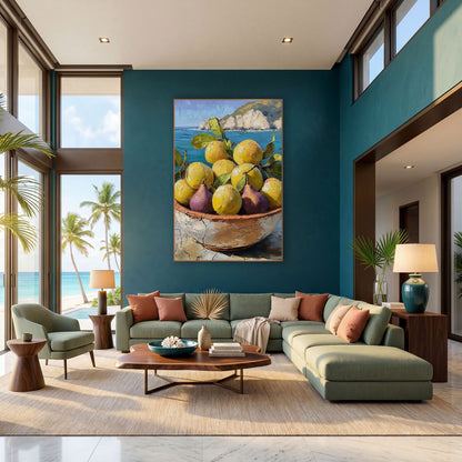 Golden Lemons and Purple Figs Coastal wall art in a bright coastal-style room – bowl of yellow lemons and purple figs