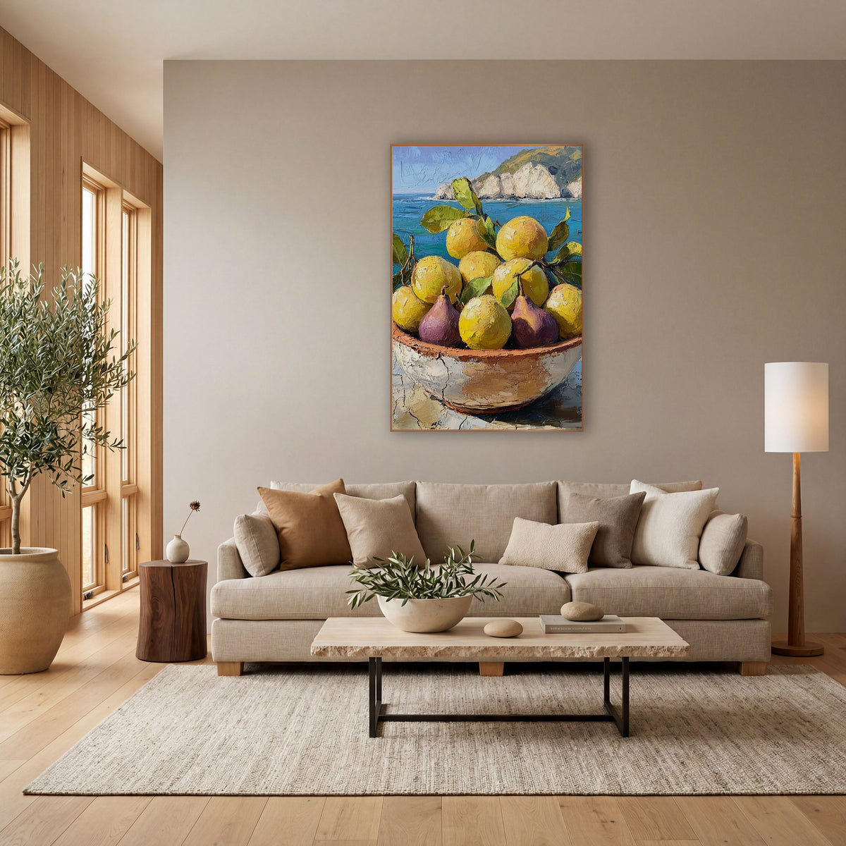 Golden Lemons and Purple Figs Coastal wall art in a bright coastal-style room – bowl of yellow lemons and purple figs