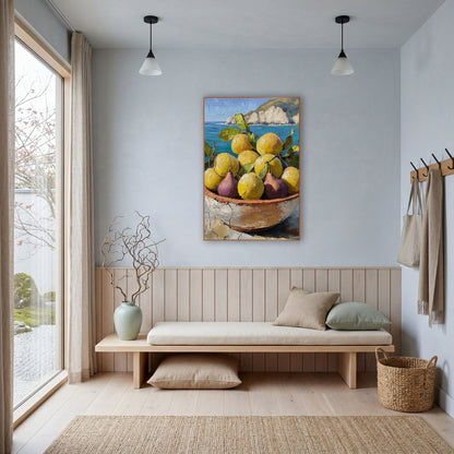 Golden Lemons and Purple Figs Coastal wall art in a bright coastal-style room – bowl of yellow lemons and purple figs