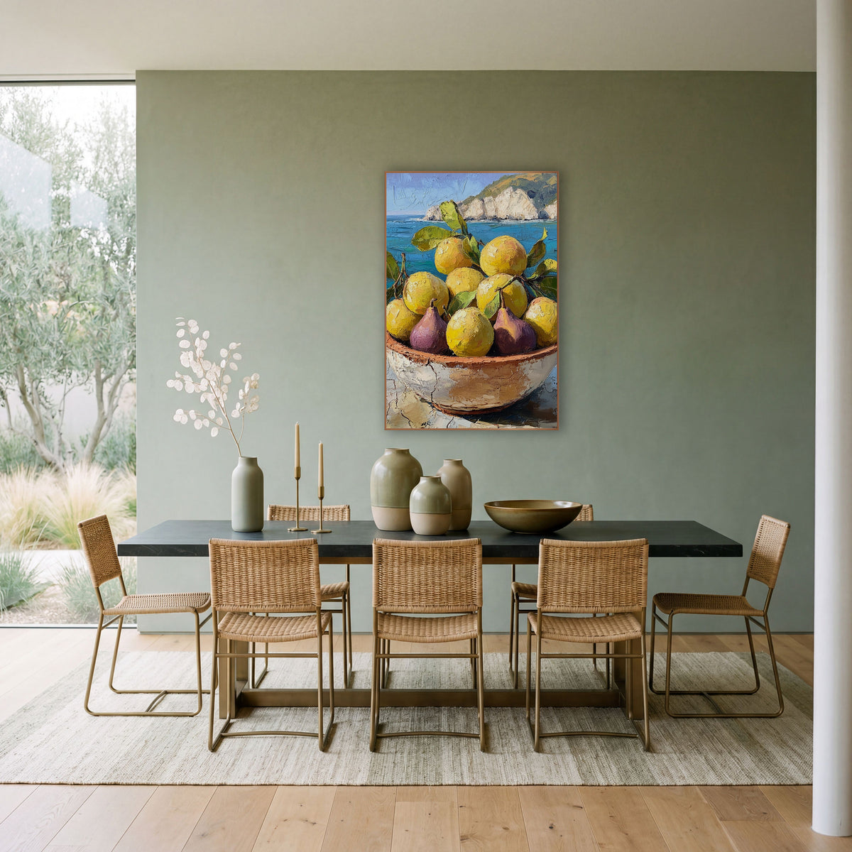 Golden Lemons and Purple Figs Coastal wall art in a bright coastal-style room – bowl of yellow lemons and purple figs