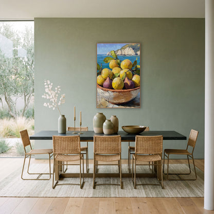 Golden Lemons and Purple Figs Coastal wall art in a bright coastal-style room – bowl of yellow lemons and purple figs