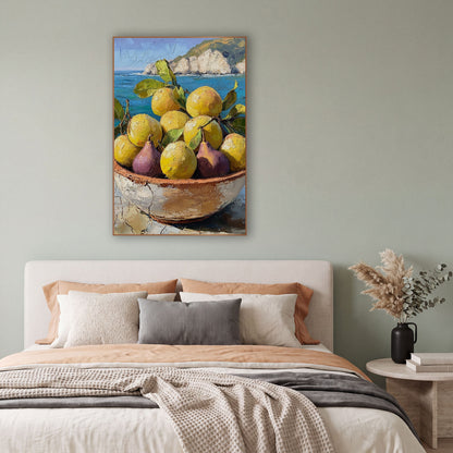 Golden Lemons and Purple Figs Coastal wall art in a bright coastal-style room – bowl of yellow lemons and purple figs
