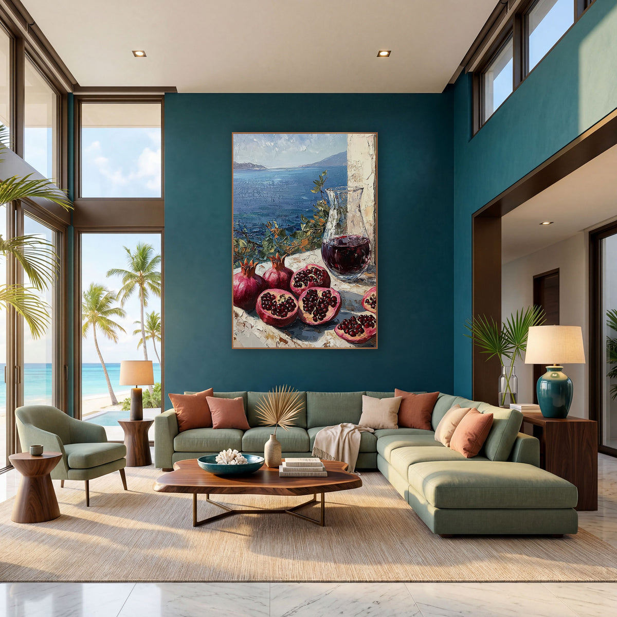 Pomegranate Carafe Bay View Mediterranean wall art in a bright coastal-style room – halved and whole pomegranates