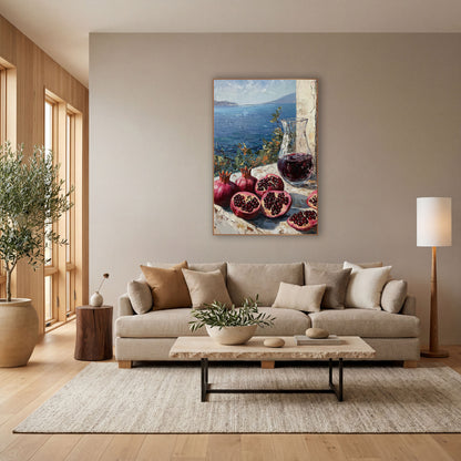 Pomegranate Carafe Bay View Mediterranean wall art in a bright coastal-style room – halved and whole pomegranates