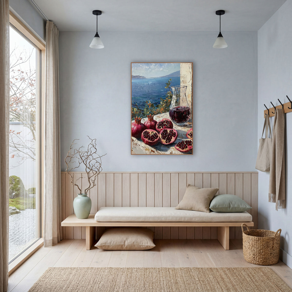 Pomegranate Carafe Bay View Mediterranean wall art in a bright coastal-style room – halved and whole pomegranates