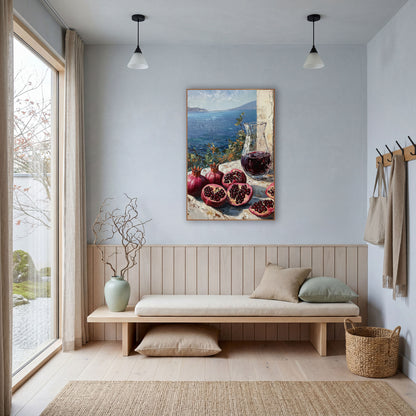 Pomegranate Carafe Bay View Mediterranean wall art in a bright coastal-style room – halved and whole pomegranates