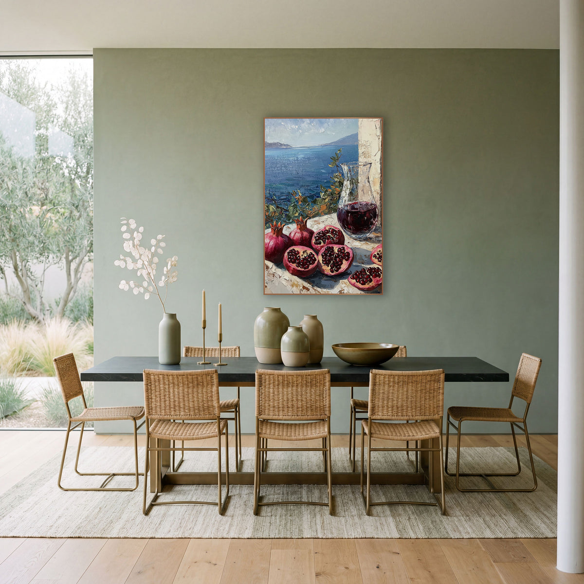 Pomegranate Carafe Bay View Mediterranean wall art in a bright coastal-style room – halved and whole pomegranates