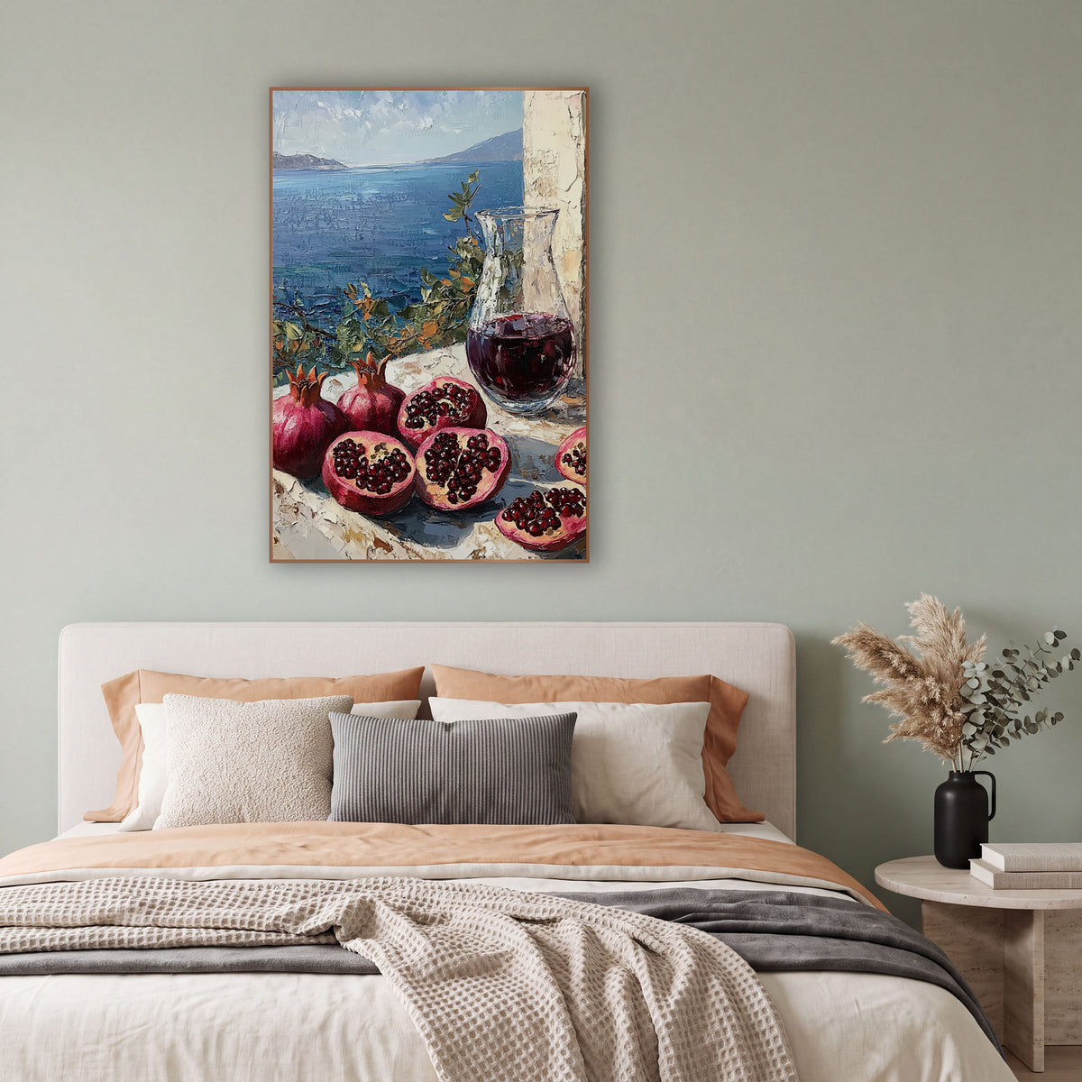 Pomegranate Carafe Bay View Mediterranean wall art in a bright coastal-style room – halved and whole pomegranates