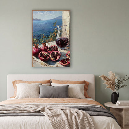 Pomegranate Carafe Bay View Mediterranean wall art in a bright coastal-style room – halved and whole pomegranates