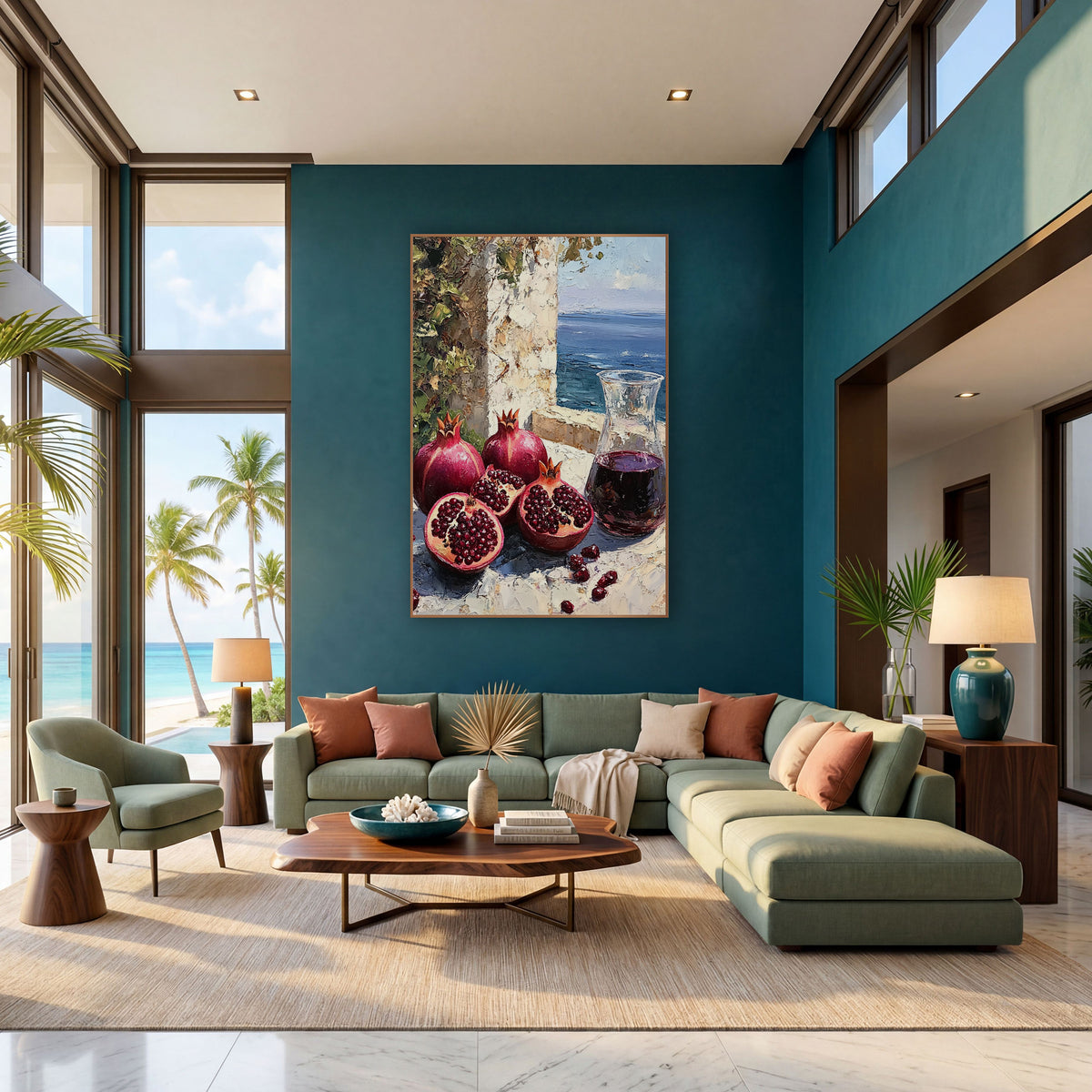 Seaside Pomegranate Still Life Coastal wall art in a bright coastal-style room – still life of whole and halved