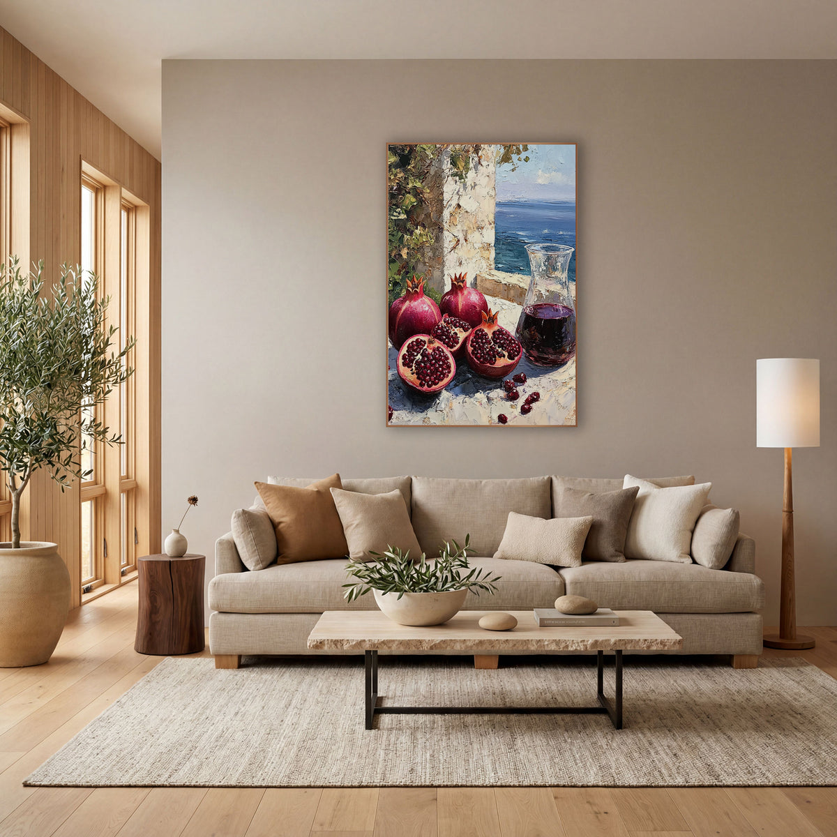 Seaside Pomegranate Still Life Coastal wall art in a bright coastal-style room – still life of whole and halved