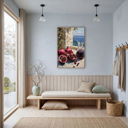 Seaside Pomegranate Still Life Coastal wall art in a bright coastal-style room – still life of whole and halved