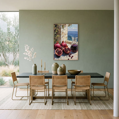 Seaside Pomegranate Still Life Coastal wall art in a bright coastal-style room – still life of whole and halved